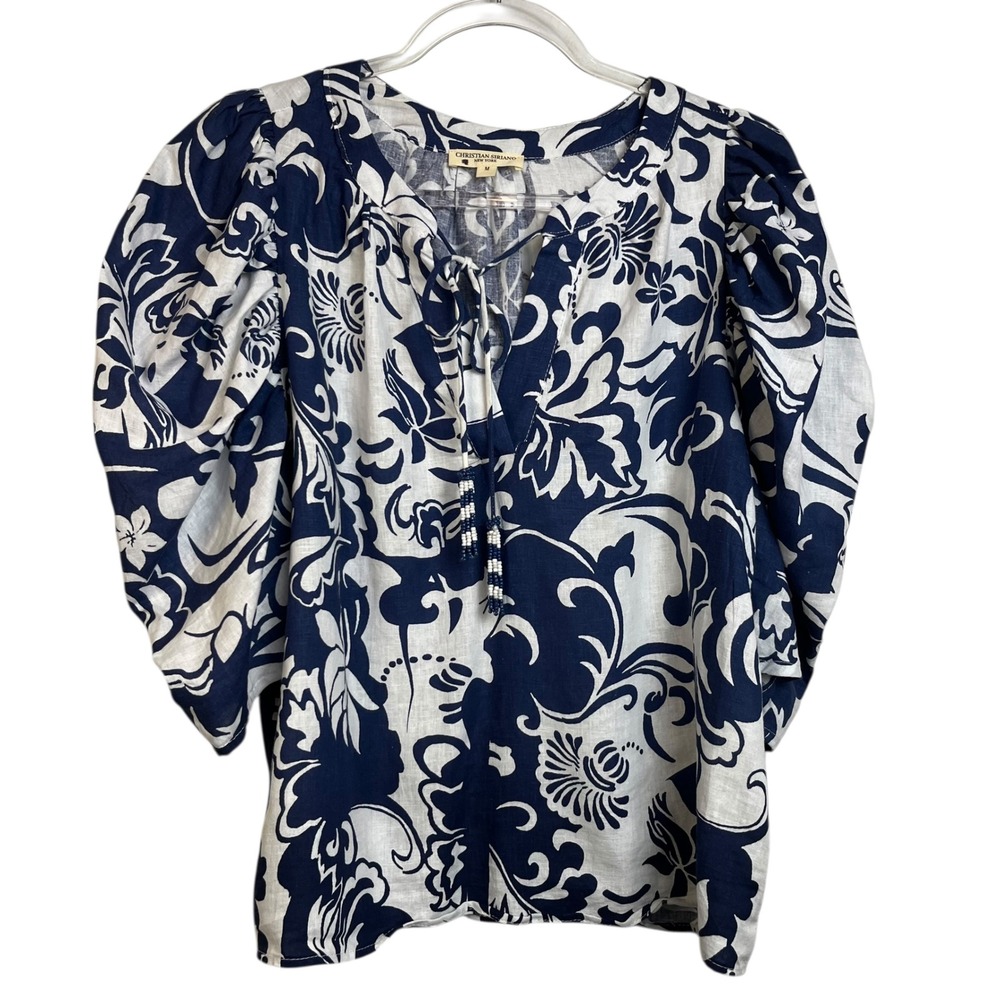 Christian‎ Siriano New York Navy White Floral Linen Puff Sleeve Blouse Size M